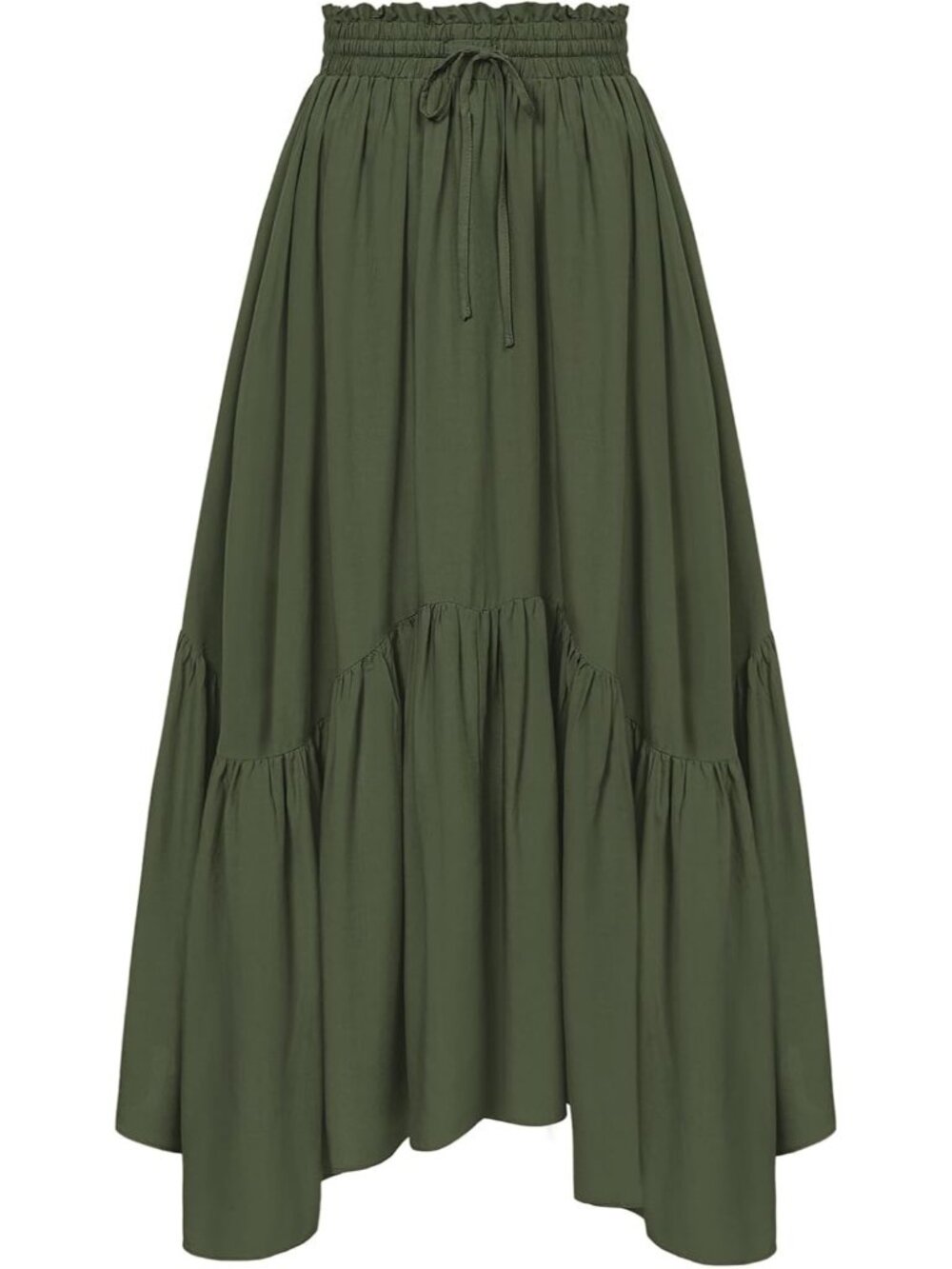 Women's Olive Drawstring Renaissance Boho Flowy Asymmetric Tiered Maxi Skirt